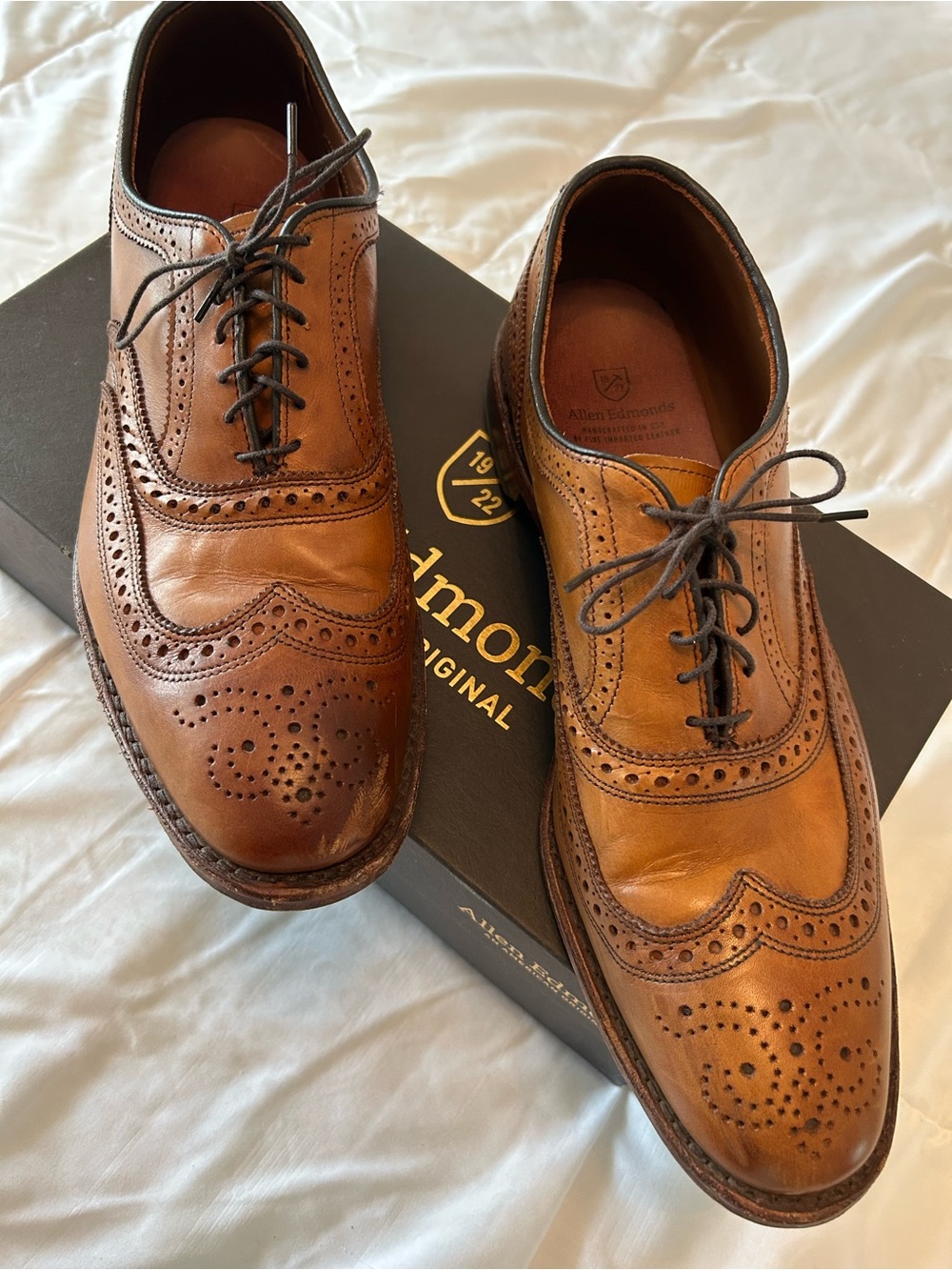 Allen Edmonds Tan Brown Brogue Wingtip Oxfords worn to only two weddings